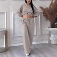 thumbnail image 4 of Autumn Plus Size 2 Piece Sets for Women Solid Color Retro Classic Wersatile Casual Cotton Linen Shirt Drawstring Wide Leg Pants Set Long Sleeved Round Neck Top/Shirt Set, 4 of 7