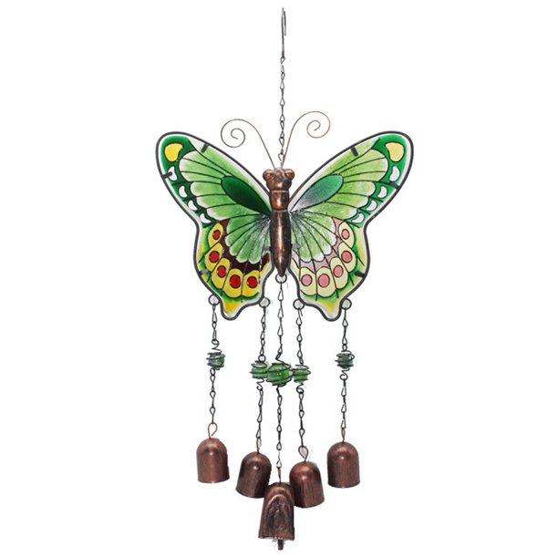 Campanas de Viento Pintadas de Vidrio y Hierro con Mariposa Grande, Campana de Tubo de Metal, Adornos Artesanales, Color Verde
