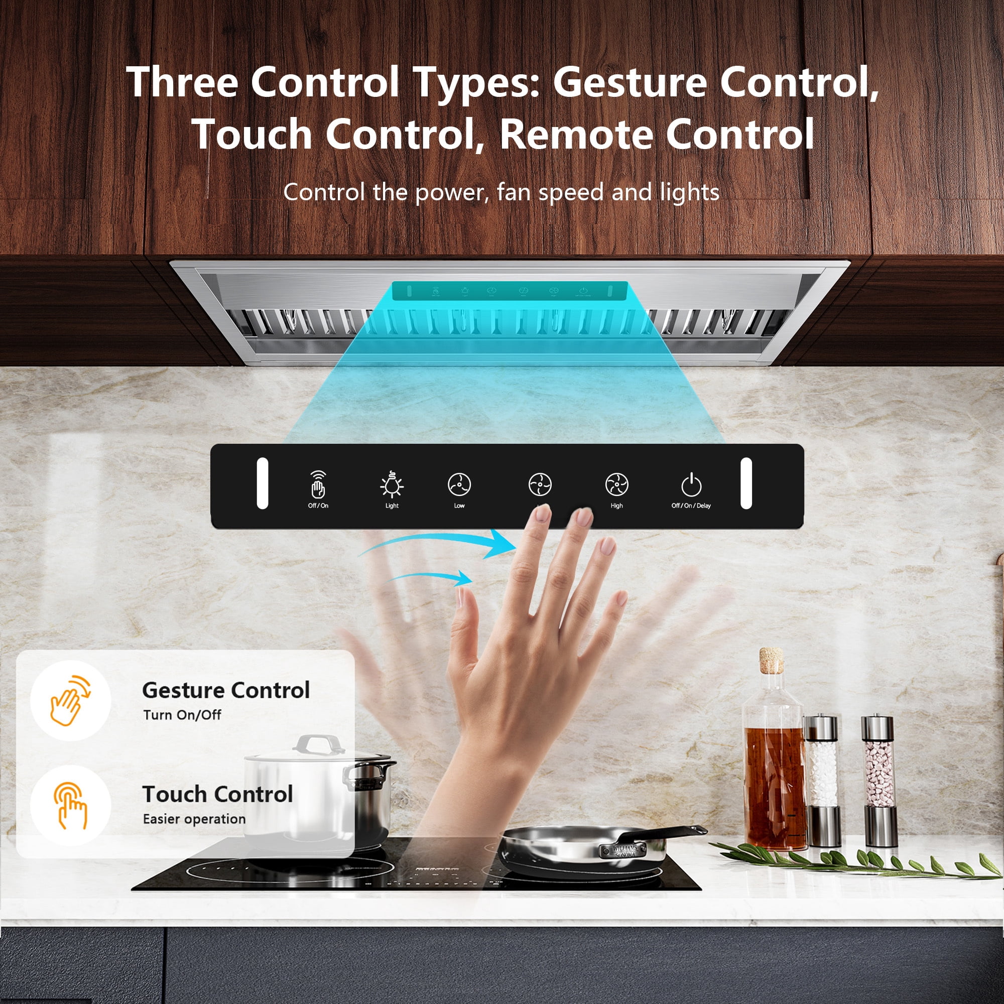 VIKIO 36 in. Insert Range Hood in Stainless Steel with 900 CFM Ventilation, Gesture and Touch Control, 3-Speed Fan, LED Lights and Convertible Ducted and Ductless Installation