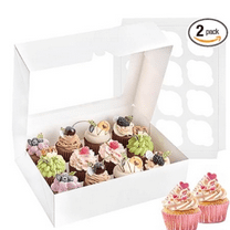 12 Count Cupcake Boxes, 2 Pack White Cupcake Containers with Windows and Inserts, Disposable Cupcake Carriers for Muffins, Treats, Pastries, 13 x 10 x 4 Inches