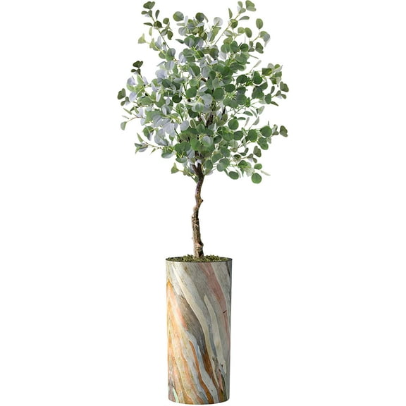Artificial Tree in Modern Contemporary Planter, Fake Eucalyptus Silk Tree for Indoor and Outdoor Home Decoration - 66" Overall Tall (Plant Pot Plus Tree)