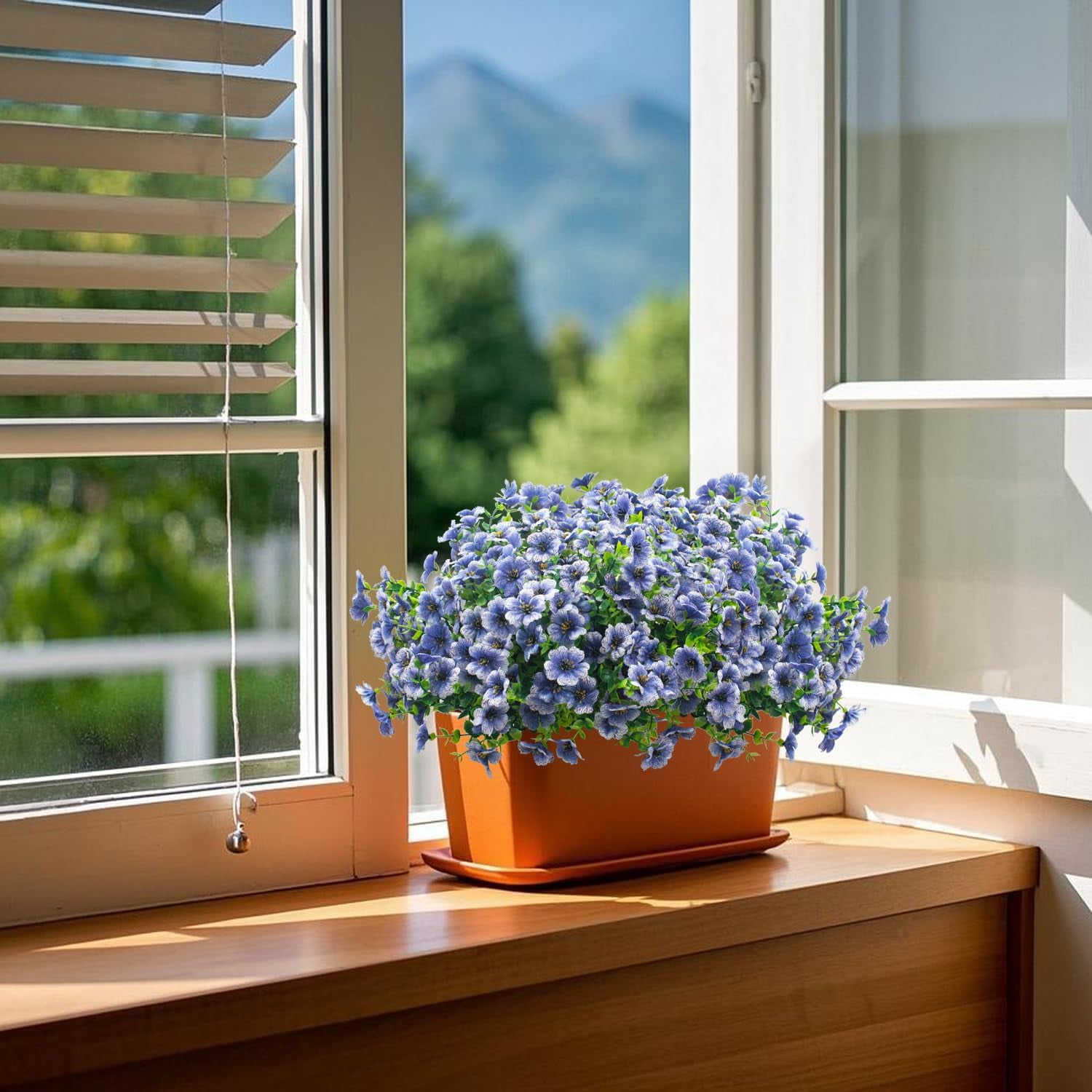 ZOELNIC Artificial Flowers Outdoor 6 Bunldes UV Resistant Fake Flowers No Fade Faux Plastic Plants for Garden Porch Window Box Decorating (Blue)