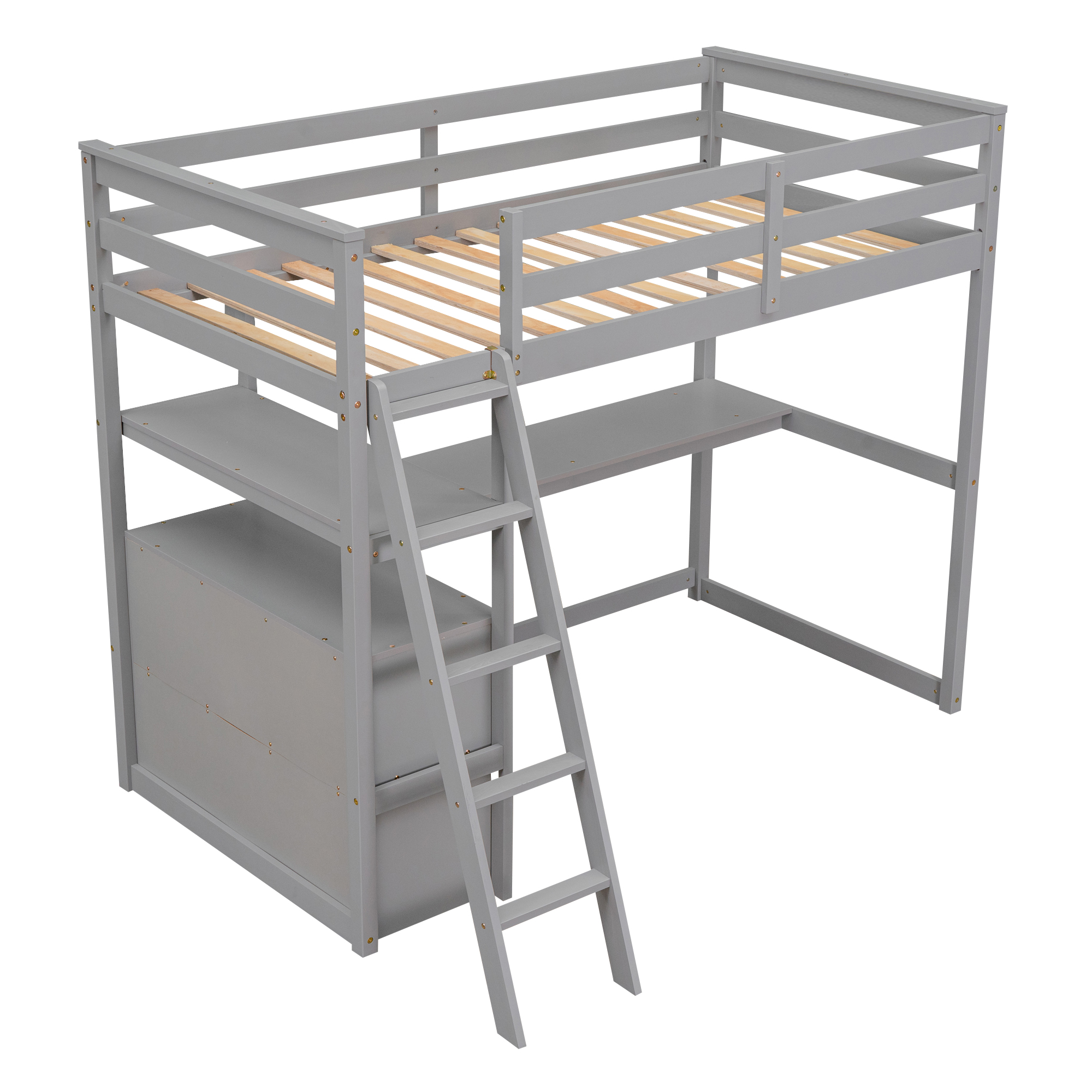 Euroco Twin Size Wood Loft Bed with Desk, Shelves and Cabinets for Kids ...