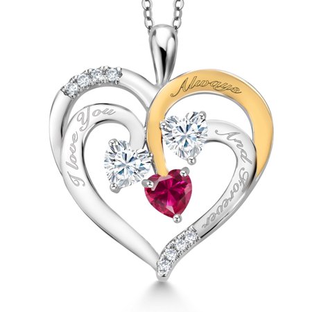 Gem Stone King Two Tone White Moissanite and Red Created Ruby `I love you always and forever` Engraved Pendant Necklace for Women (1.44 cttw, Heart Shape 5MM, 18 inch Chain)