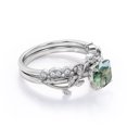 thumbnail image 3 of JeenMata Botanical Style - 1.75 Carat Cushion Cut Opaque Milky Moss Green Agate and Moissanite - Filigree Milgrain Wedding Set - 18K White Gold Plating over Silver, 3 of 7