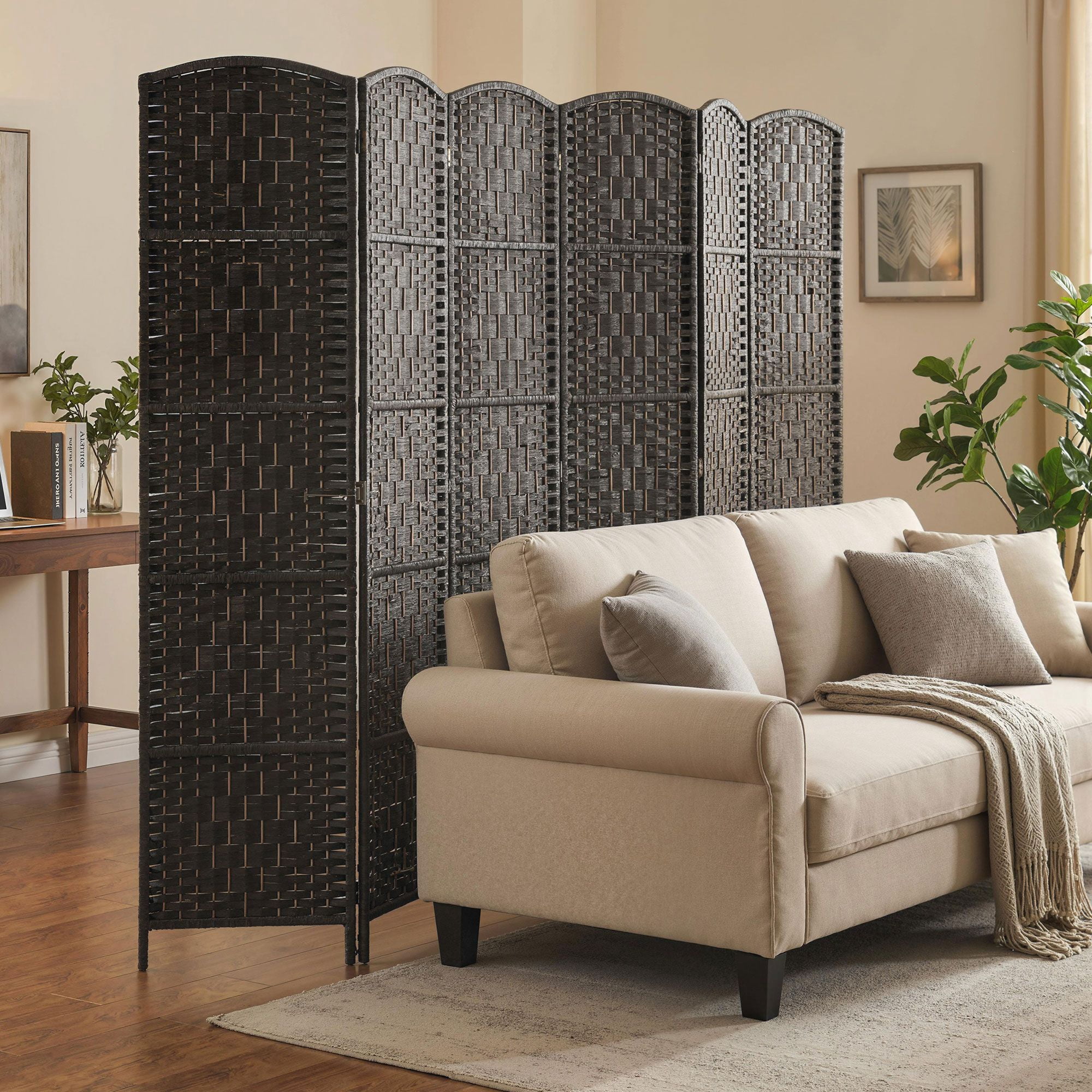Room Divider, 6 Panel Folding Privacy Screen, 6FT Tall Portable Weave Partition Wall Divider for Bedroom, Coffee