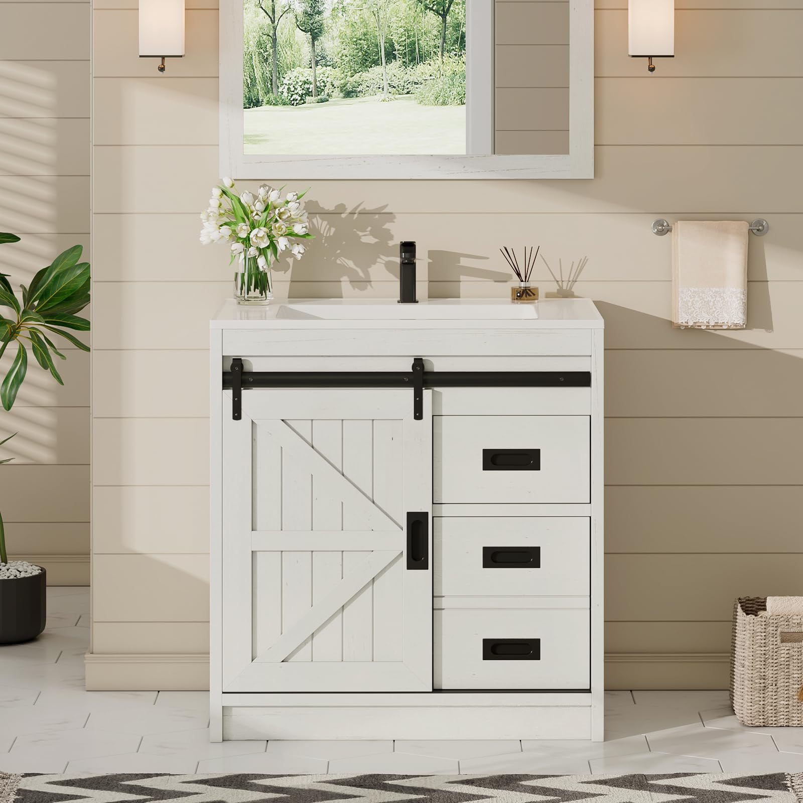 VanAcc 31" Farmhouse Sliding Barn Door Bathroom Vanity with Sink Combo, Bathroom Cabinet with Drawers & Metal Handles, Freestanding, Distressed White