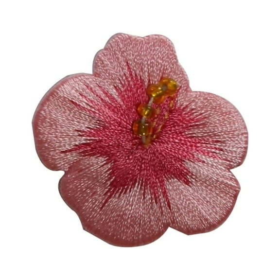 ID 6318 Pink Beaded Hibiscus Flower Patch Garden Embroidered Iron On Applique
