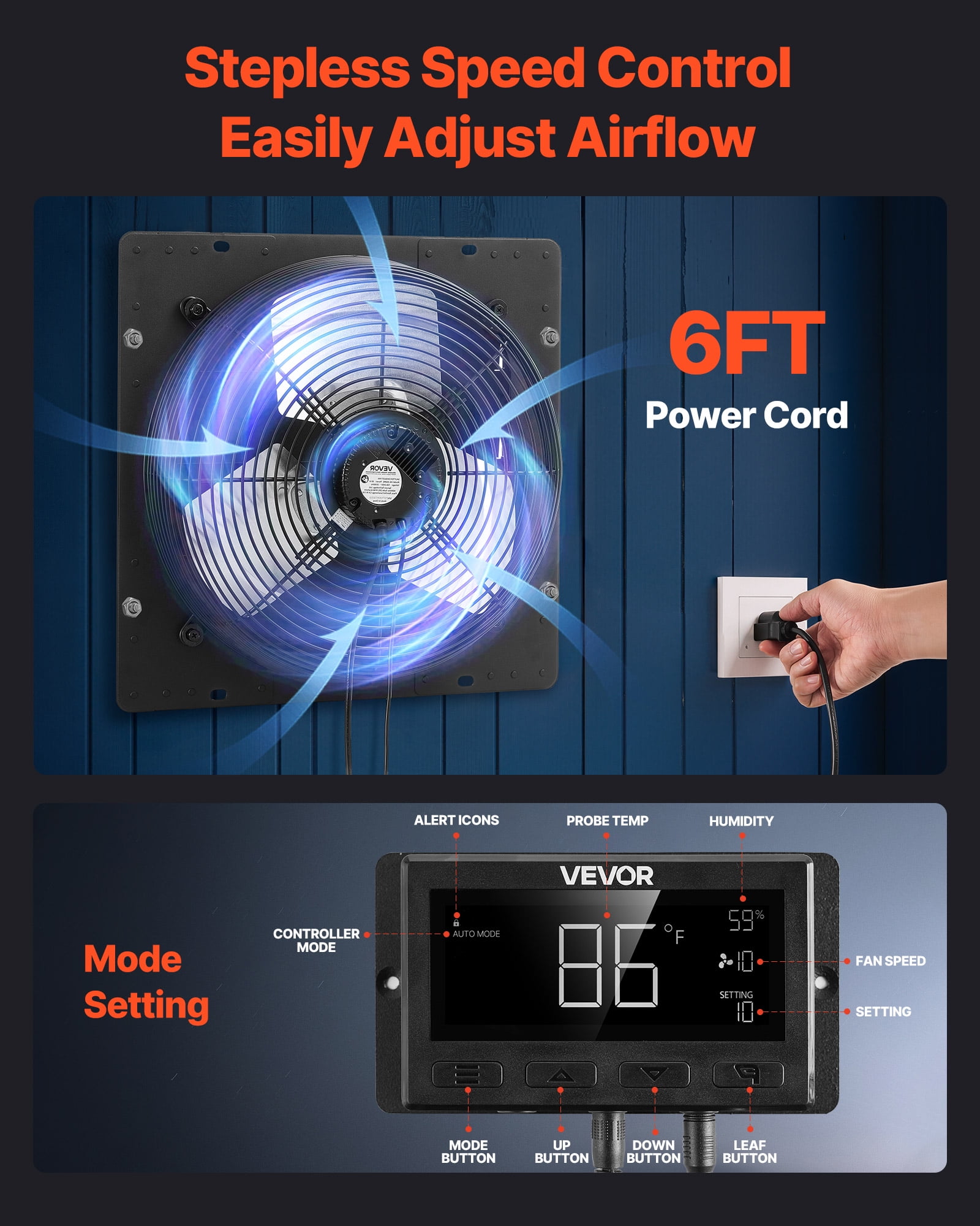 VEVOR 14 inch Shutter Exhaust Fan, Wall Mounted Attic Vent Fan with Smart Programming Variable Speed Temperature Control, 2000 CFM,EC Motor,Timer, for Shed,Garage,Greenhouse Ventilation Cooling