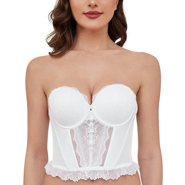Wingslove Women's Strapless Longline Lace Bustier Corset Push Up Underwire  Sexy Sheer Mesh Lace bra-Trim Low Back, White 32C 