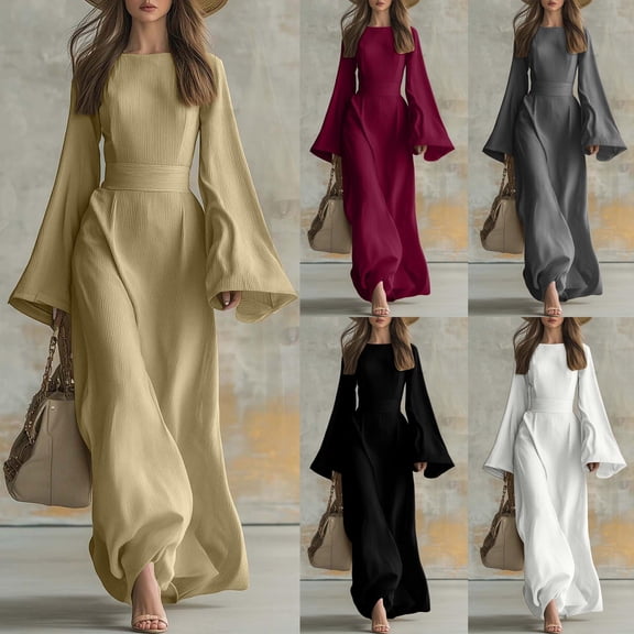 Women's Crew Neck Bell Sleeve Maxi Dress, Solid Loose Straight Mid Waist Floor-Length Casual Vacation Dress Khaki XL(XL)