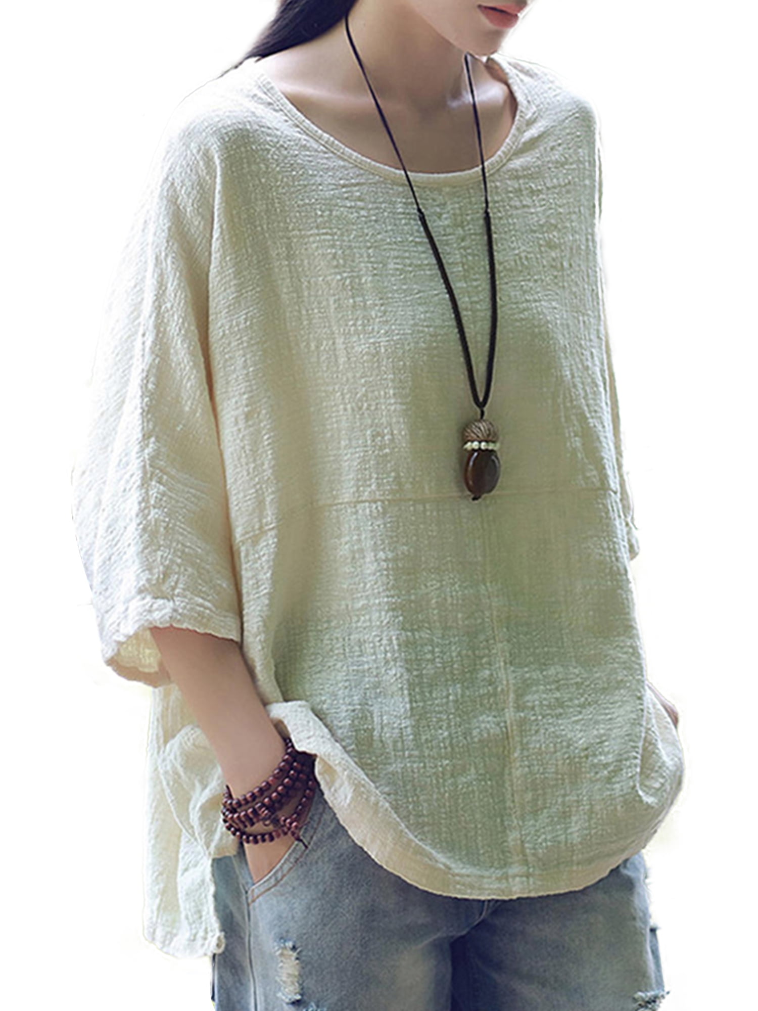 Summer Women Cotton Linen Tshirt Tops Casual 3/4 Roll Sleeve V Neck Tunic Tees Fashion Solid Color Flowy Button Blouse