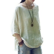 Womens 3/4 Sleeve Cotton Linen Plain Casual T-Shirt Tops Blouses Plus Size