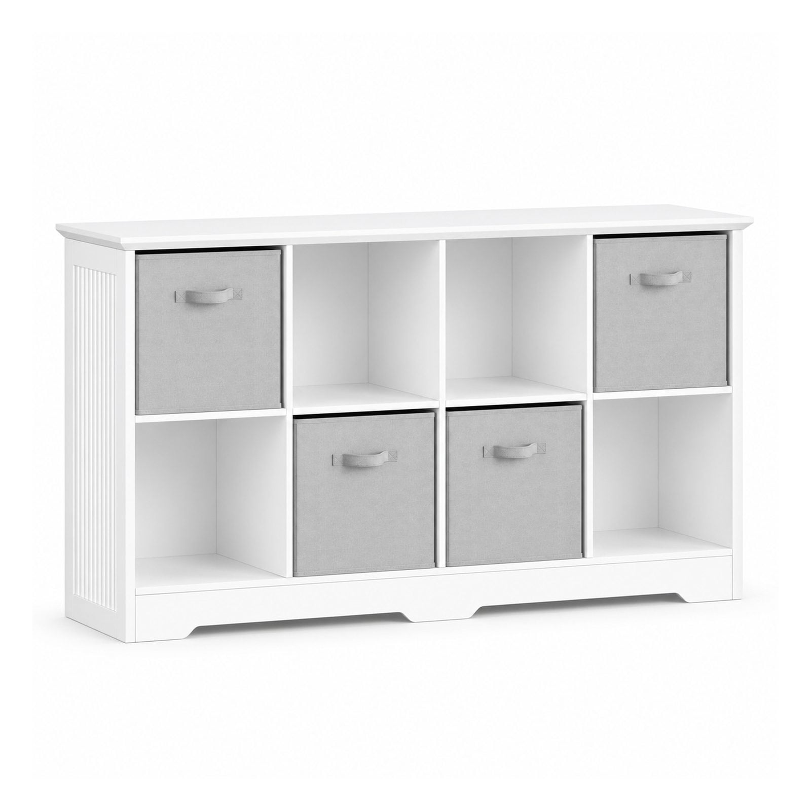 White 8-Cube Wooden Cubby Storage Organizer with 4 Fabric Drawers 2-Tier Bookshelf with 2 Adjustable Shelves and Fluted Side Panels for Bedroom Living Room Home Office
