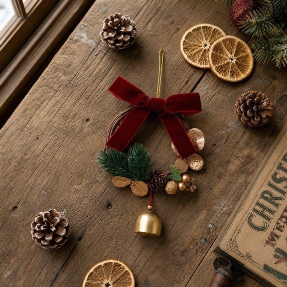 Bcylexb Mini Christmas Wreaths with Red Velvet Bow & Metal Bell, 9.1" Artificial Greenery Wreaths Small Hanging Wreath for Window Cabinet Xmas Farmhouse Decor