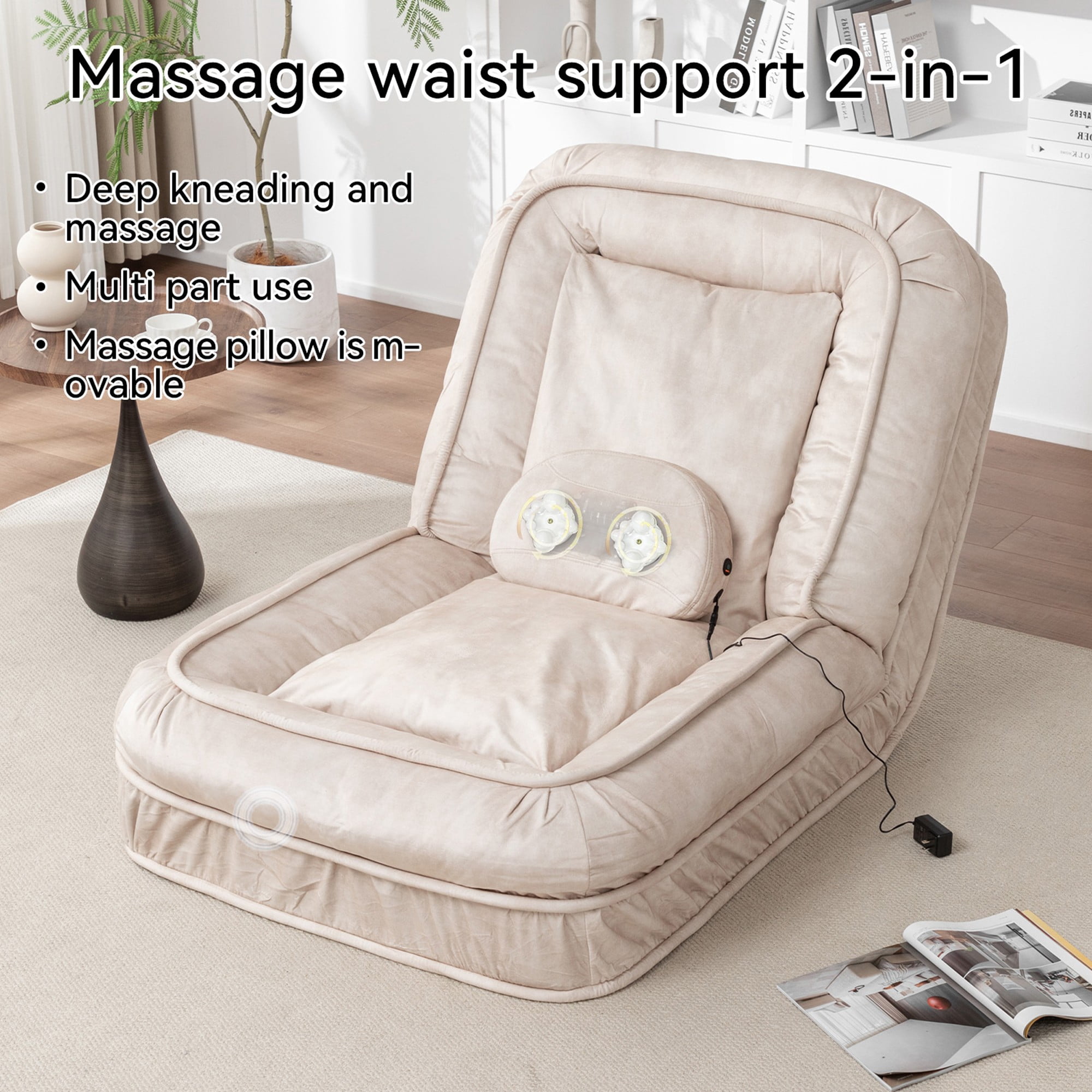LEHZROAJ Velvet Upholstered Bean Bag Chairs,5-Position Adjustable 2 Soft Pillows Massage Floor Sofa,Multi-Functional Human Dog Bed for Living Room(Beige)