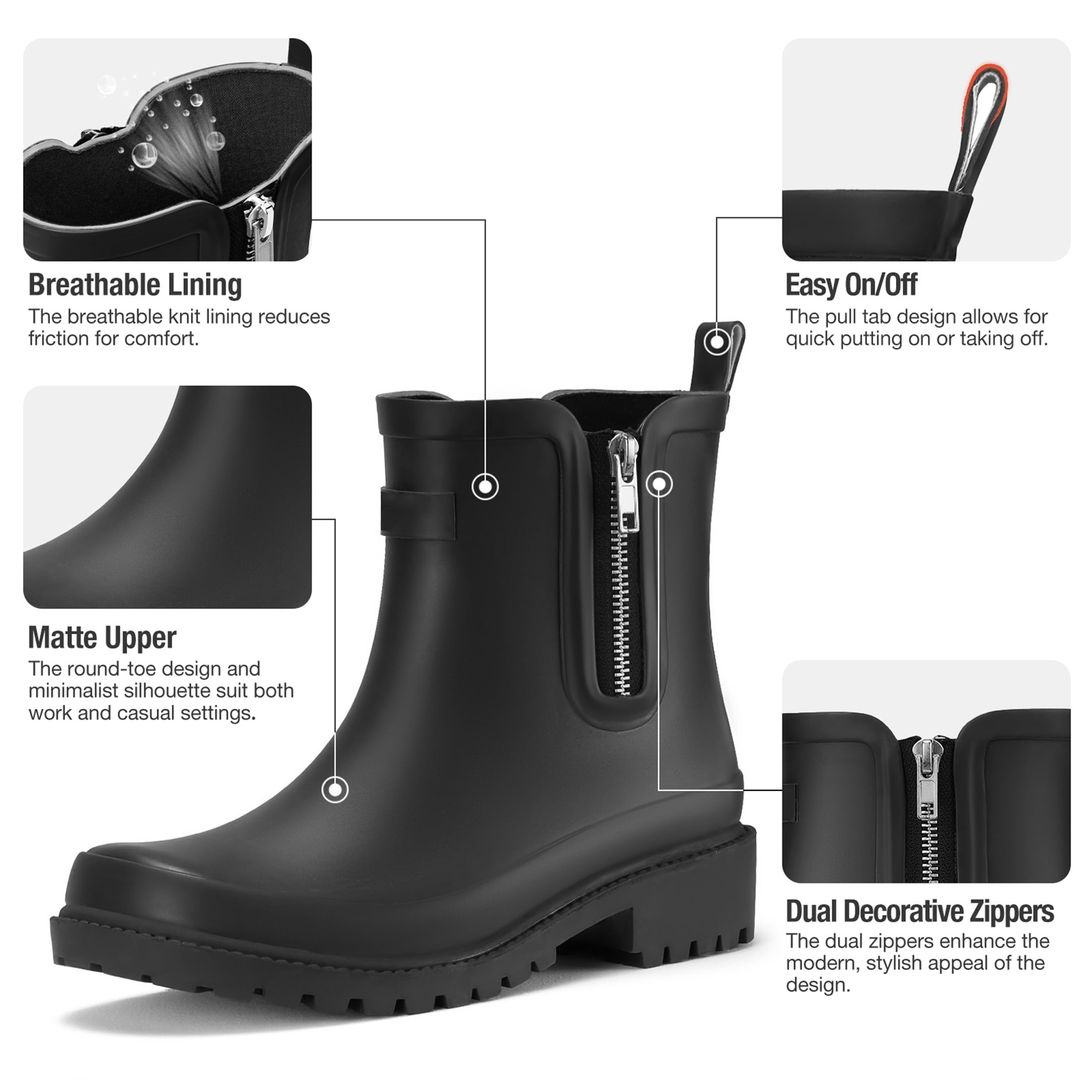 SMILIN Women’s Waterproof Chelsea Ankle Rain Boots with Side Zipper,Black, US Size 10