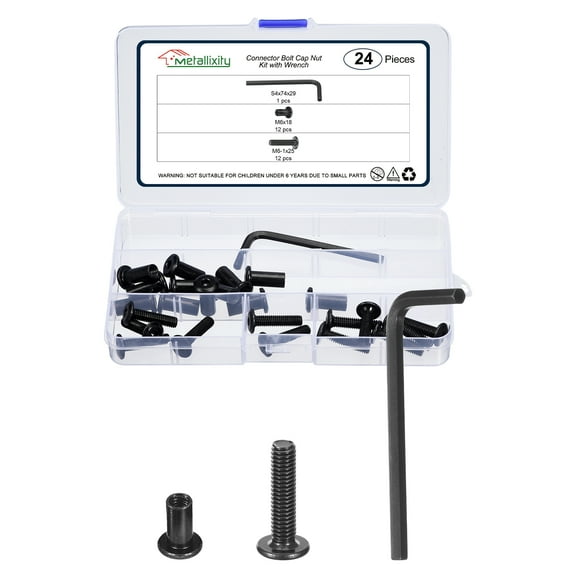 Furniture Connector Bolt Cap Nut Kit with Wrench(M6-1x25mm) 24Pcs, Connector Bolts M6 Countersunk Screw Barrel Nuts Binding Screws, for Chair Cabinet Bed, Black