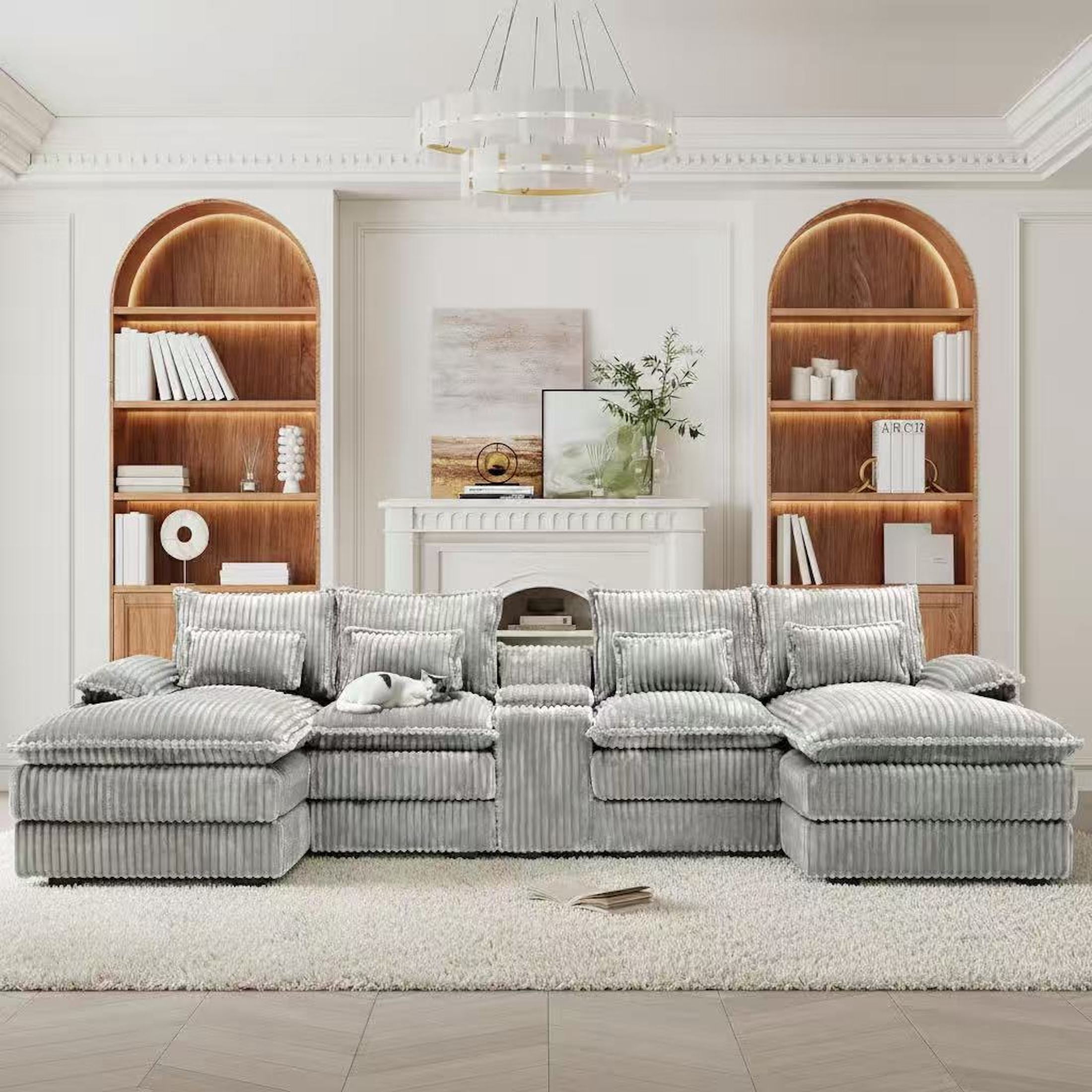 Aisword 124" U Shaped Cloud Couch Sectional with USB Charging, Hidden Storage, Cup Holders & Chenille Double Chaise, Light Grey