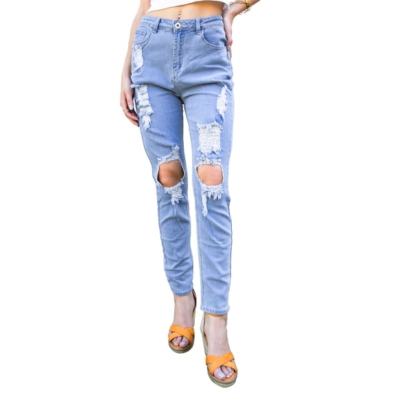 Women's Classic Stretch Skinny Ripped Distressed Destroyed Hole Jeans