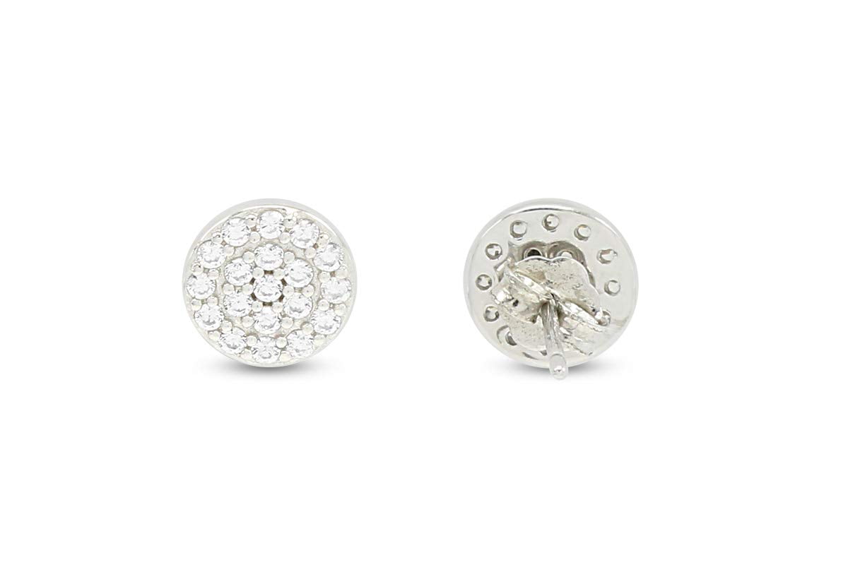 Round Sparkling White Cubic Zirconia Dainty Disc Stud Earrings 14k White Gold Plated 925 Sterling Silver with push-backs