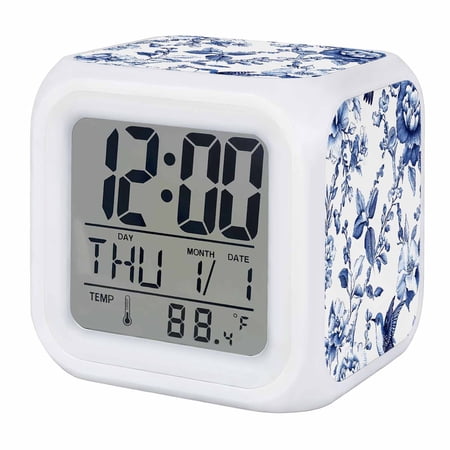White Blue Spring Floral Digital Alarm Clock for Bedrooms,Smart LED Alarm Clock with 7 Color Changing Night Light,Summer Botanical Hummingbird Silent Wake Up Clocks for Sleep Study Cooking 3.2x3.2
