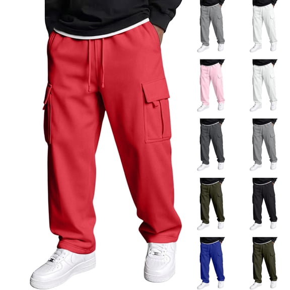Dwellite Baggy Cargo Sweatpants for Men Wide Leg Jogger Pants Loose Fit Fashion Solid Color Trousers with Pockets Red 3XL