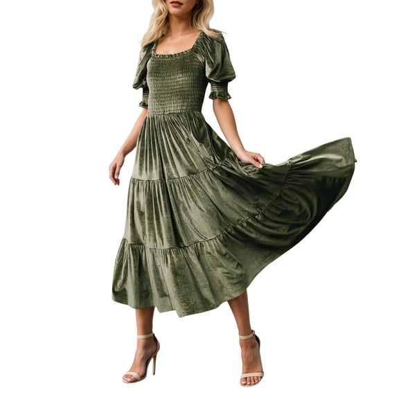 DHFJKG Womens Square Neckline Dresses Puff Short Sleeve Smocked Waist Cami Long Dress Velvet Solid Color Tiered Maxi Stylish Dresses