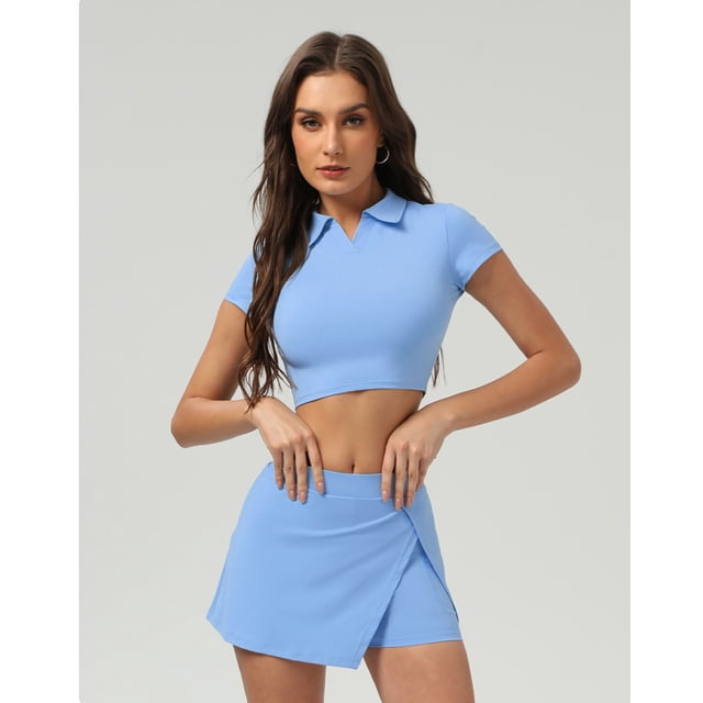 PISONIC Ensemble de 2 Pcs Robe de Tennis pour Femmes Taille Haute Plissée Jupe de Tennis avec Shorts Manches Courtes Courte Golf Entraînement Jupes Ensembles