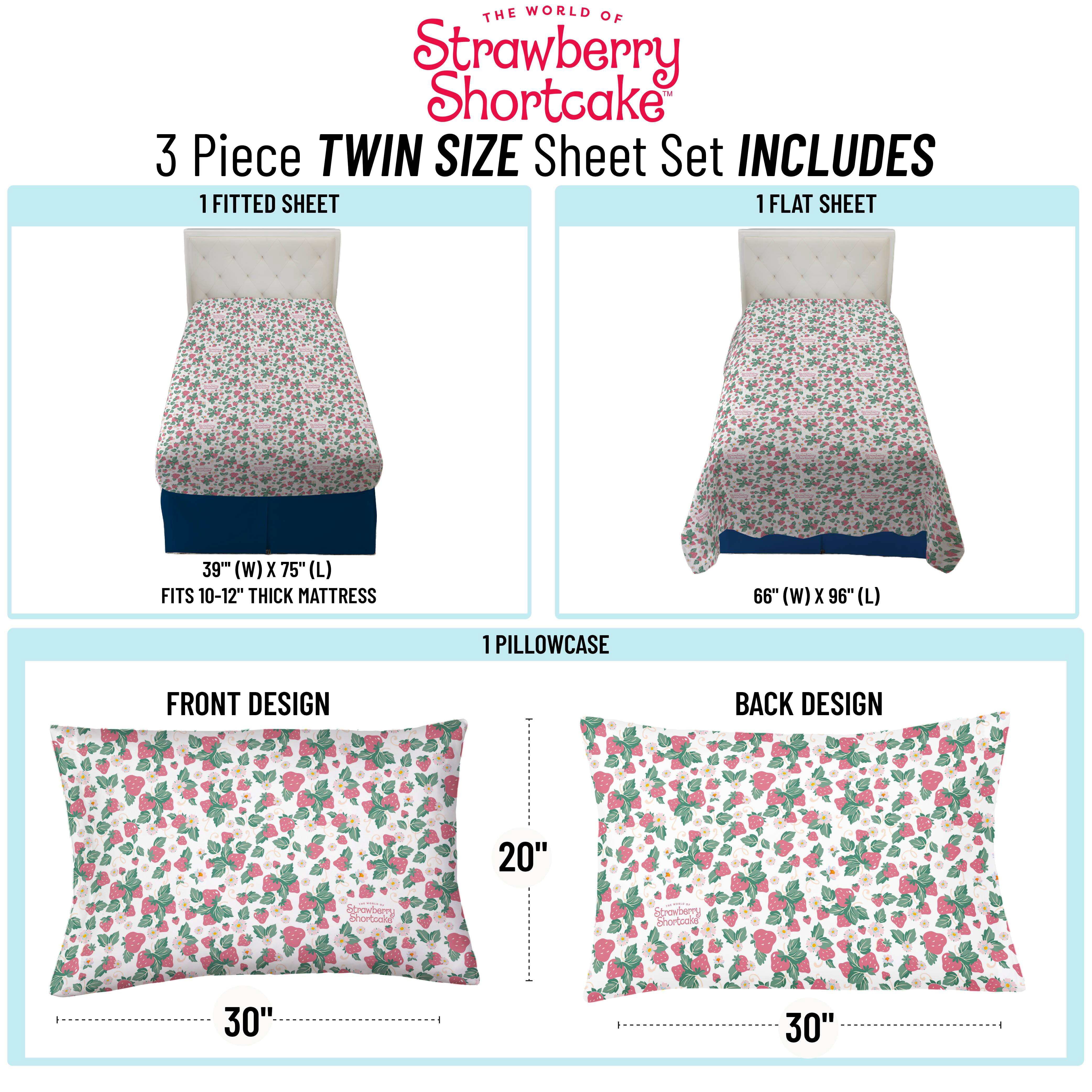 Wildbrain Strawberry Shortcake Berry Meadows 3 Piece Twin Size Kids Sheet Set - Kids Bedroom Décor