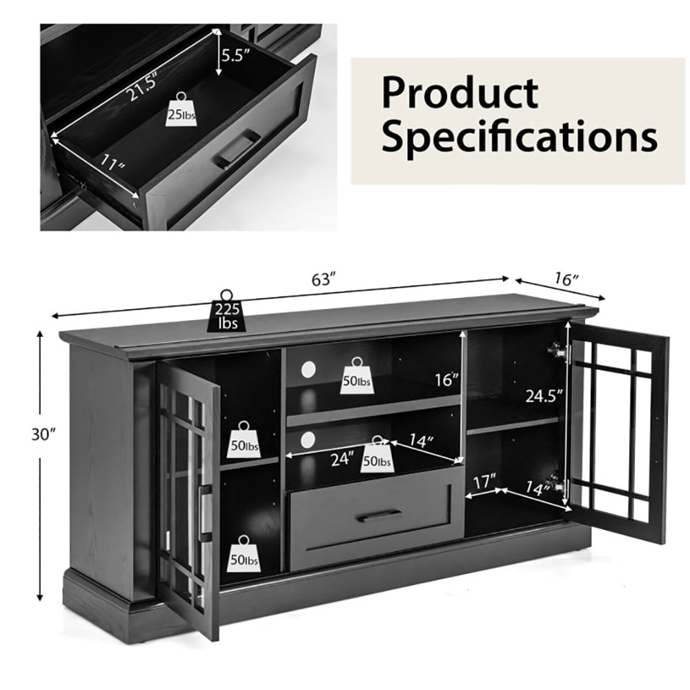 Finihen TV Stand, TV Cabinet, TV Stand for TVs up to 70 with Glass Doors Cubbies and Drawer, for Living Room, Black