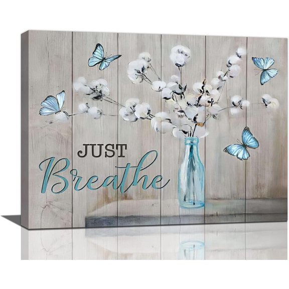 Farmhouse Bathroom Floral Wall Art Rustic Country Cotton Pictures Wall Decor Just Breathe Flower Butterfly Canvas Prints Painting Modern Home Framed Artwork for Living Room Bedroom Office 16"x12"
