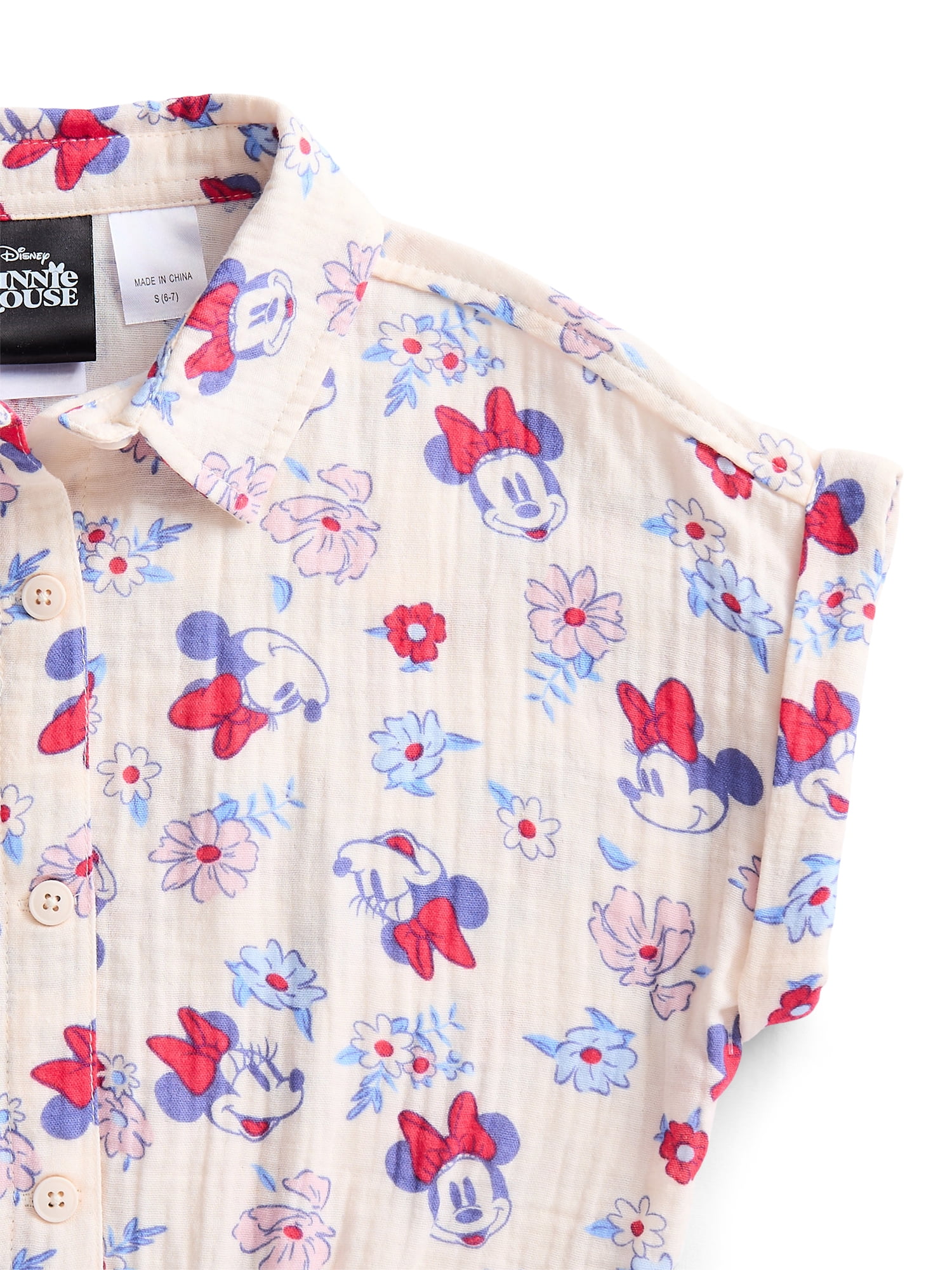 Disney Minnie Mouse Girls Printed Button Up Shirt, Sizes 4-16