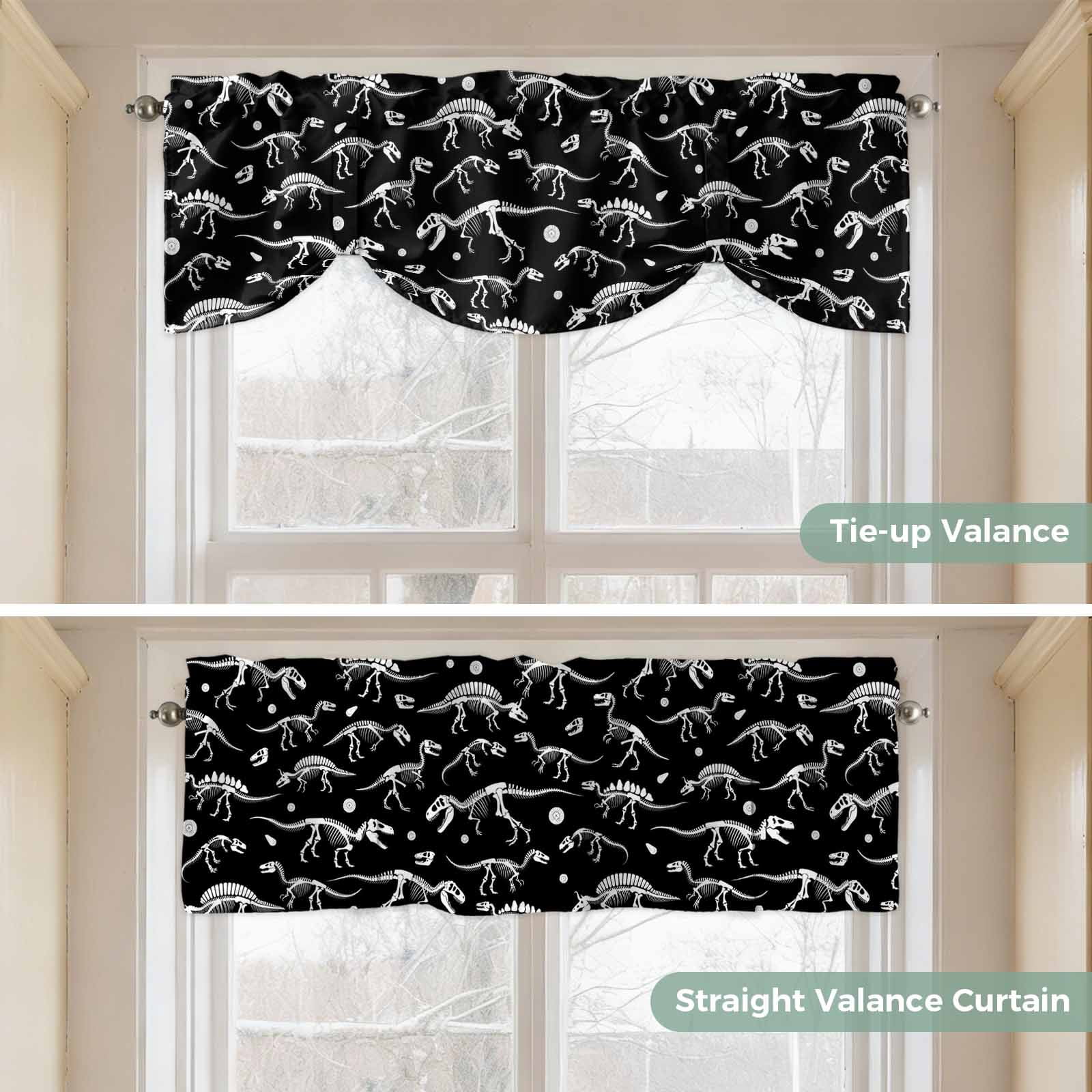 Tie Up Valance Halloween Dinosaur Black Valances for Windows Funny Dino Skull Boys Girls Children Balloon Shade Valance Window Treatment Short Curtain Valances for Living Room Kitchen Bedroom 60"x18"