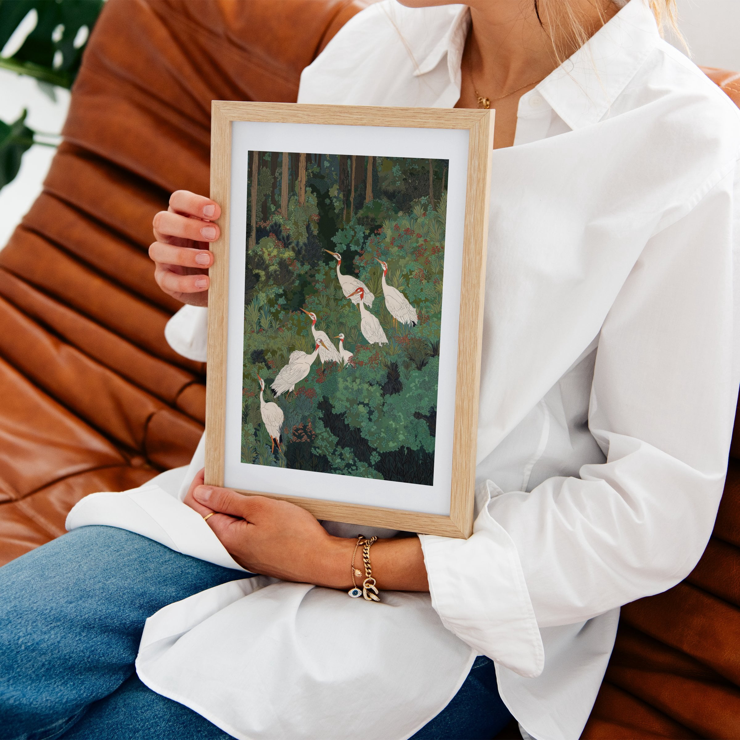 Japandi Wall Art Maximalist japanese chinoiserie Bird Wall Art wabi sabi forest Heron Painting living room poster - Japan Painting Woodland Forest Botanical Bird Unframed Wall Art Print 32 x 48 inches