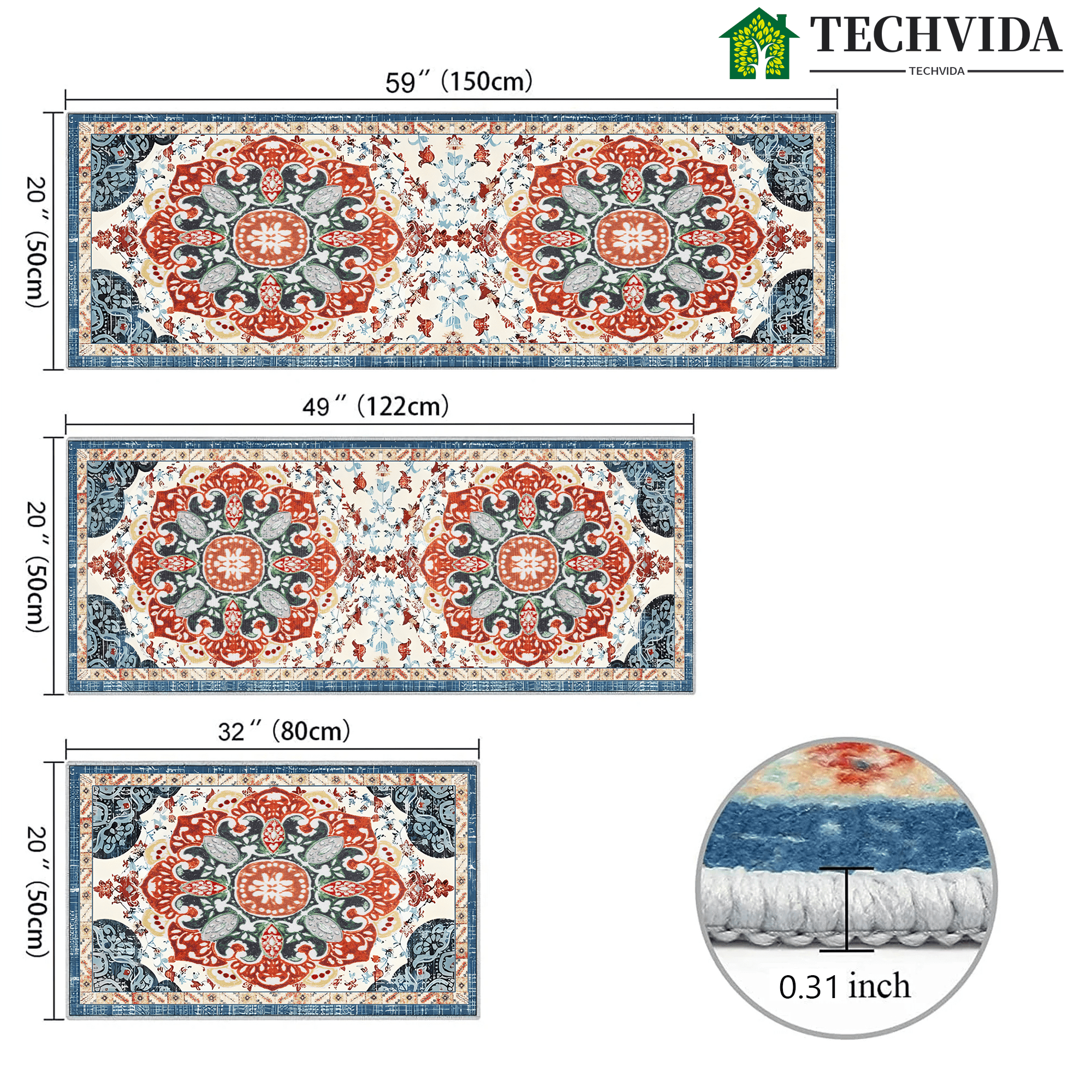 TECHVIDA Kitchen Rugs Sets 3 Piece with Runner Non Slip Kitchen Mats for Floor Washable Bohemian Runner Rug Kitchen Floor Mat Carpet for Hallway Laundry Room Door Office Sink