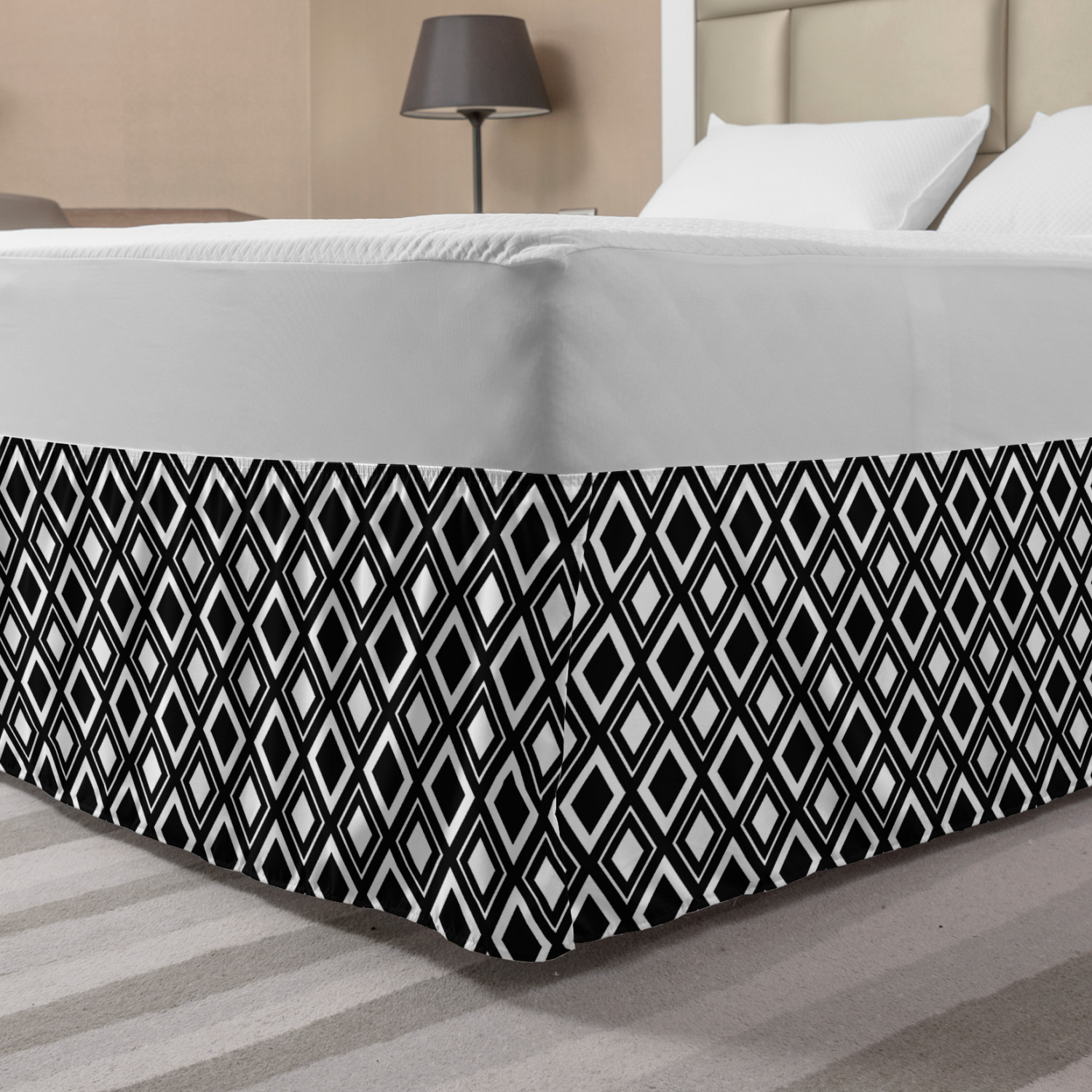 Black and White Bed Skirt, Monochrome Background with Square Shapes