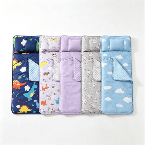 Wake In Cloud - Toddler Nap Mat with Pillow and Blanket, 100% Cotton Fabric, for Ages 3 Plus in Daycare Kindergarten Preschool, Roll Up Sleeping Bag, (Style#1)