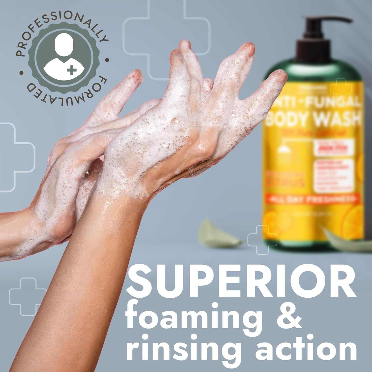 Antifungal Body Wash with Tea Tree Oil & Lemon Oil | 1% Tolnaftate Antifungal Soap Helps Fight Ringworm, Jock Itch & Athlete’s Foot | Medicated Citrus Body Wash Includes Silicone Scrubber | 16.9 oz