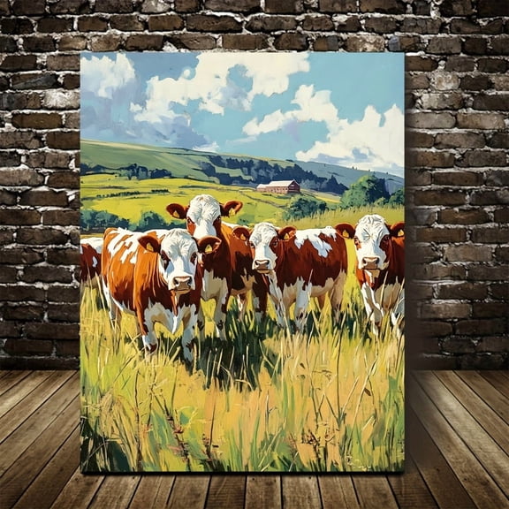 2D 1pc Framed Canvas Art - Retro Farmhouse Style, Hereford Cows And Calves In Meadow, Pine Wood Frame - Ideal for Living Room, Office, Dining Room, Kitchen Decor