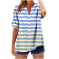thumbnail image 2 of Women's V Neck T Shirt, Loose Fit Short Sleeve Top, Striped Casual Summer Shirt with Button Detail, 2 of 5