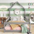 thumbnail image 2 of Yoneston Twin Kids Floor Bed House Headboard Platform Bed Frame with Fence and Door for Girls Boys, Gray, 2 of 9