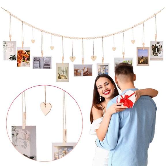 YAZHPA Hanging Photo Display with Clips, 9 Wood Clips, Boho Picture Frames Collage Wall Decor, Photo Hanger for Office Cubicle Decor, Kids Art Display (A)