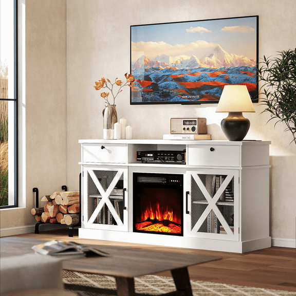 Rocyis 58" Farmhouse Fireplace TV Stand with 18" Electric Fireplace for TVs up to 65'', White