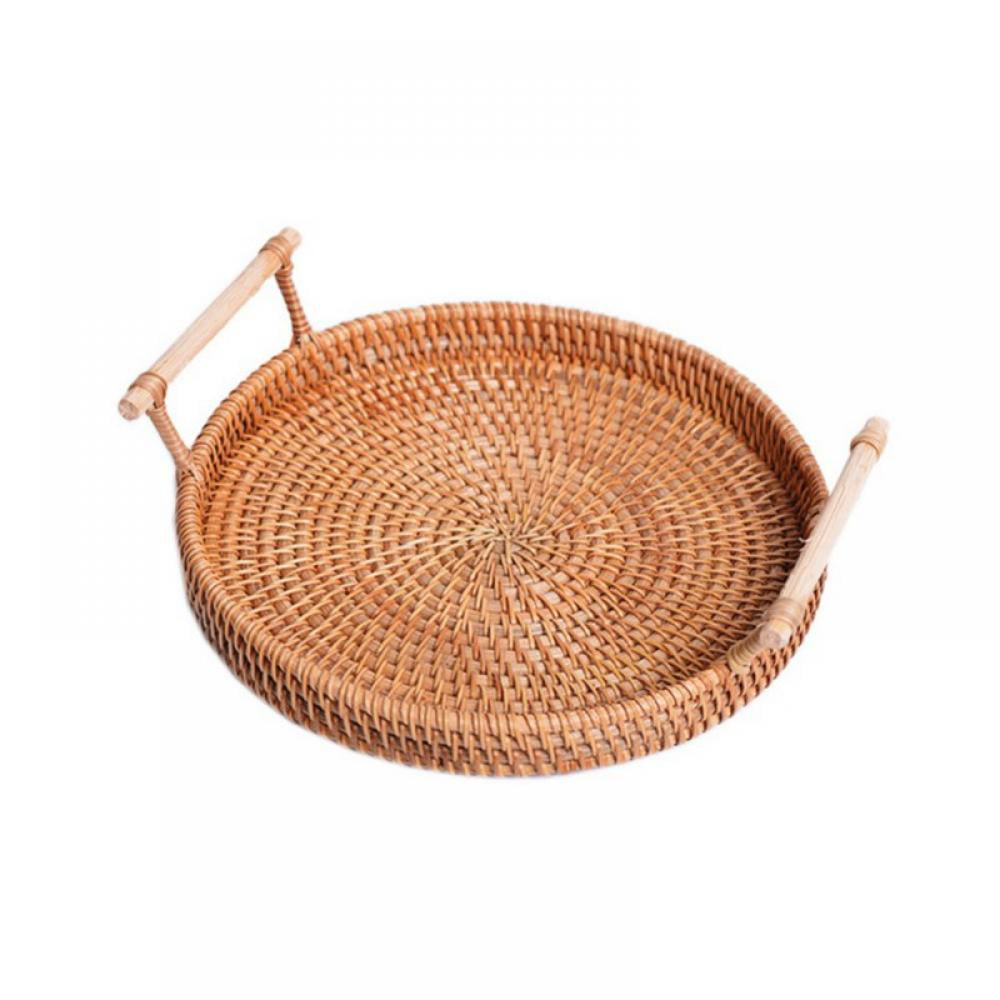Rattan Bread Basket Round Hand-Woven Tea Tray With Handles For Serving Dinner