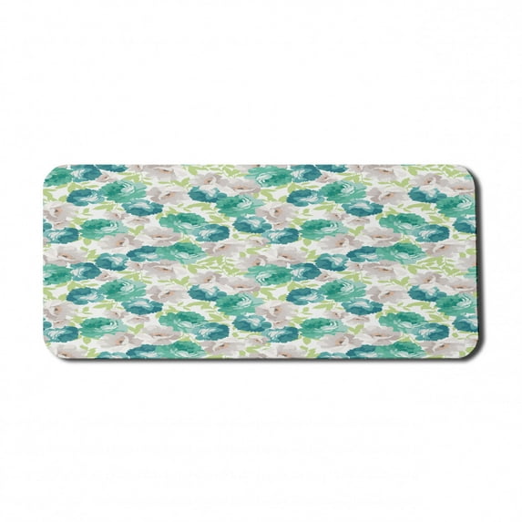Flower Computer Mouse Pad, Floral Pattern with Rose Vintage Inspired Watercolor Style Print Pastel, Rectangle Non-Slip Rubber Mousepad X-Large, 35" x 15", Turquoise Beige Green, by Ambesonne