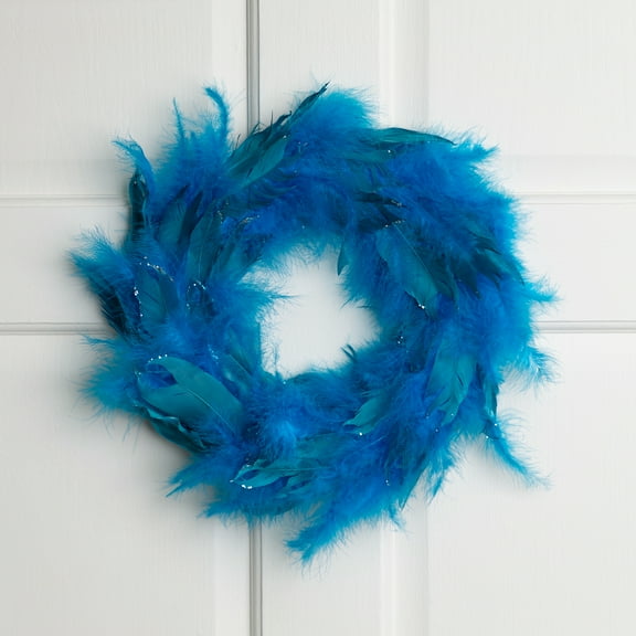 Northlight Two-Tone Feathers Glittered Christmas Wreath - 14.5" - Unlit - Turquoise