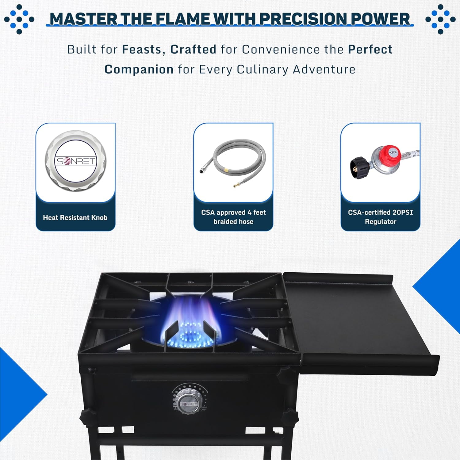 SONRET - Single Burner Propane Stove - 1,30,000 BTU - with Side Shelf & Bottom Shelf