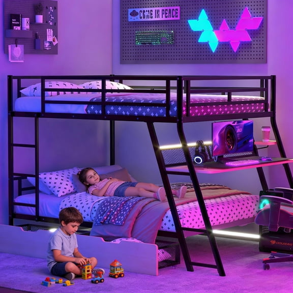 DeepRoar Full over Full Bunk Bed with Built-in Desk, LED Light and 2 Drawers, Metal Bunk Bed for Teens Adults, Muti-Fuction Bunk Bed for Bedroom, Black