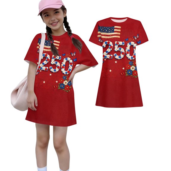 Grblisyd Red White and Blue Dress for Girls Patriotic Short Sleeve Crewneck A Line Dresses Independence Day 250 Anniversary USA Flag Outfits